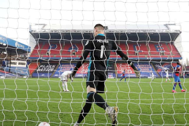 FRUSTRATION: Illan Meslier picks the ball out of the net after Crystal Palace score their second goal during the Premier League match between Crystal Palace and Leeds United at Selhurst Park. Picture: Naomi Baker/Getty Images.