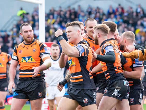 Castleford Tigers' Tyla Hepi celebrates during his debut against Toronto Wolfpack earlier this season. (Allan McKenzie/SWpix.com)