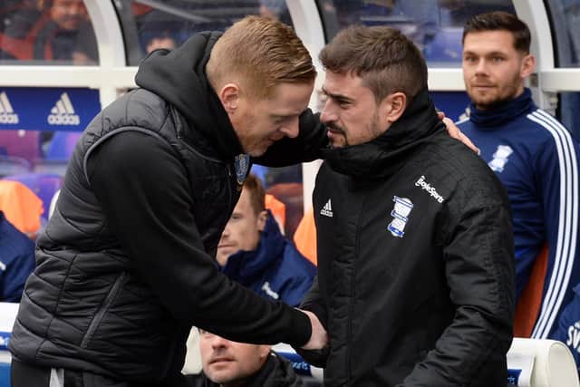 NICE TO MEET YOU: Garry Monk shakes hands with Birmingham City Manager Pep Clotet, his former assistant coach who suceeded him at St Andrew's. Picture: Steve Ellis