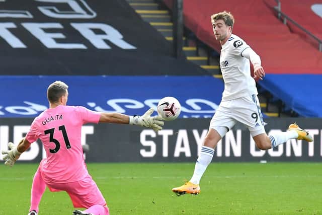 Leeds United's Patrick Bamford scores his side's first goal of the game, later disallowed by VAR, at Selhurst Park on Saturday. Picture: Glyn Kirk/PA