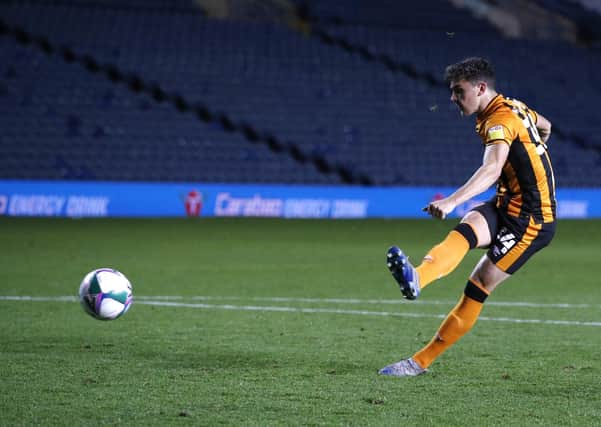 Hull City's Callum Jones scores his side's second penalty against Leeds earlier this season (Picture: PA)