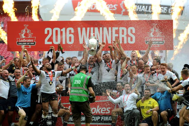 FINAL TARGET: Hull FC's players celebrate their Challenge Cup FInal win over Warrington at Wembley in August 2016. Picture: Jonathan Gawthorpe