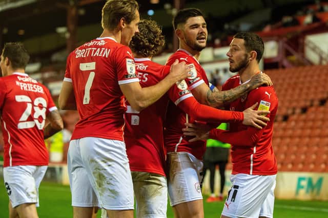 ON THE UP: Conor Chaplin celebrate scoring Barnsley's second goal against QPR at Oakwell last month.  Picture Bruce Rollinson