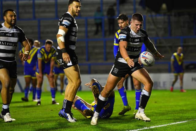 Hull FC's Joe Cator celebrates his first try for the club  (PIC: JONATHAN GAWTHORPE)