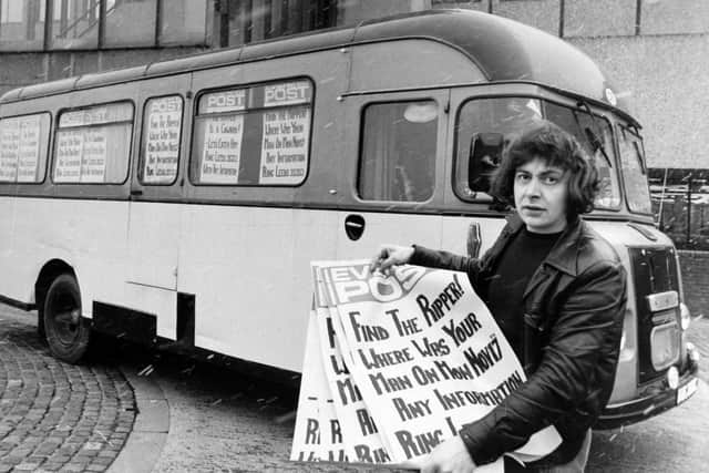 Painter and decorator John Holmes joins the Yorkshire Evening Post's poster campaign to catch the Ripper - with 13 posters.

He put them on both sides of his 26 foot long bus, converted to a caravanette.
