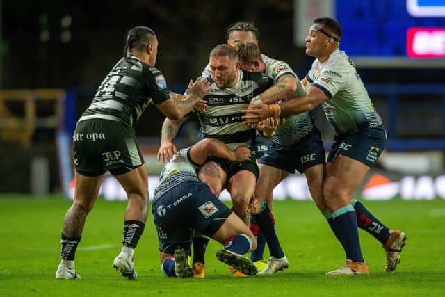 CENTRE OF ATTENTION: Hull FC's Josh Griffin is stopped in his tracks against Leeds Rhinos at Headingley last month. Picture: Bruce Rollinson