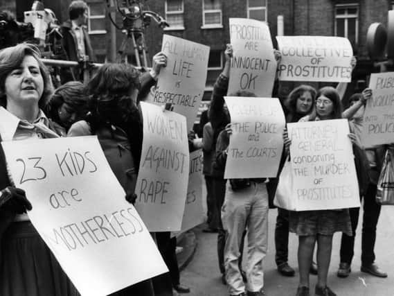 A protest held by women outside the Old Bailey during the trial of Peter Sutcliffe in 1981. Picture: Getty