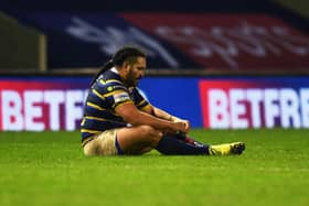 A dejected Konrad Hurrell at the end of Leeds Rhinos' play-off defeat against Catalans Dragons (JONATHAN GAWTHORPE)