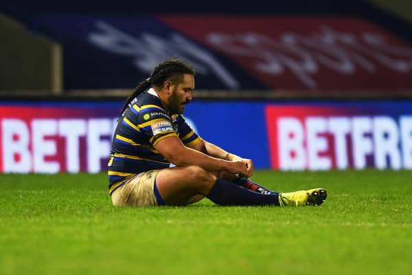 A dejected Konrad Hurrell at the end of Leeds Rhinos' play-off defeat against Catalans Dragons (JONATHAN GAWTHORPE)
