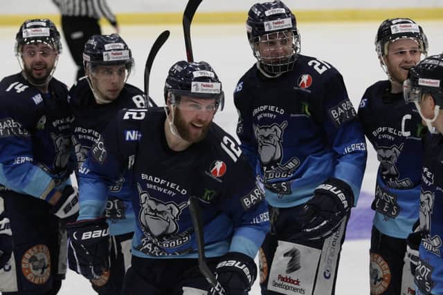 NICE ONE: Sheffield Steeldogs' players celebrate Alex Graham's second period strike against Swindon. Picture courtesy of Cerys Molloy.