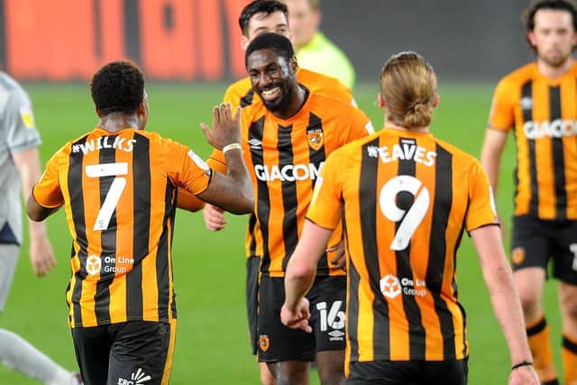 Hakeeb Adelakun is congratulated after scoring Hull's second goal.