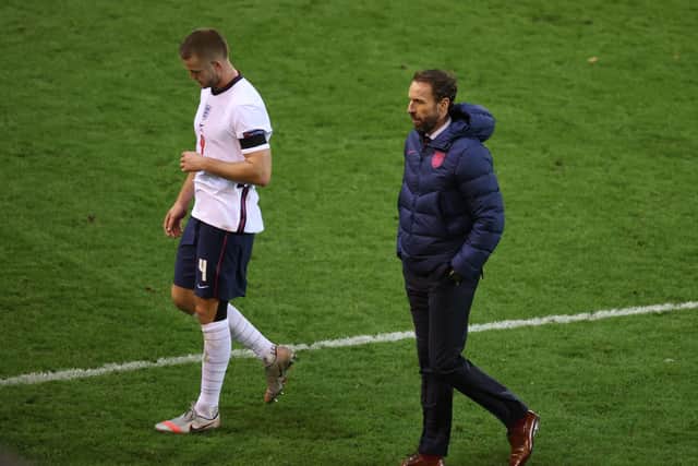 England's Eric Dier and head coach Gareth Southgate pictured after defeat to Belgium at King Power Stadion. Picture: VIRGINIE LEFOUR/PA