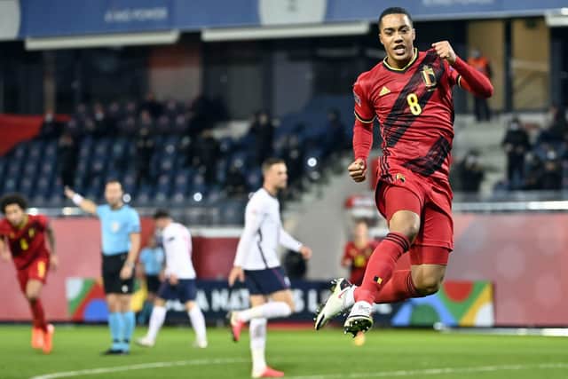 Belgium's Youri Tielemans celebrates after scoring against England at King Power Stadion on Sunday evening. Picture: DIRK WAEM/PA