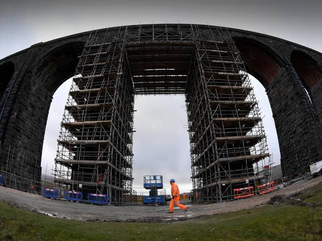 Scaffolding is at Ribblehead Viaduct as important maintenance work starts to improve drainage and brickwork. Picture by Simon Hulme.
