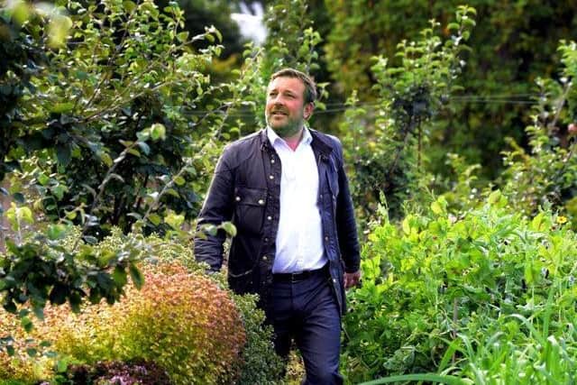 Co-founder of Spirit of Harrogate, Marcus Black, in the kitchen garden at Rudding Park Hotel in Harrogate where herbs and rhubarb are grown that are used in Slingsby Gin.
