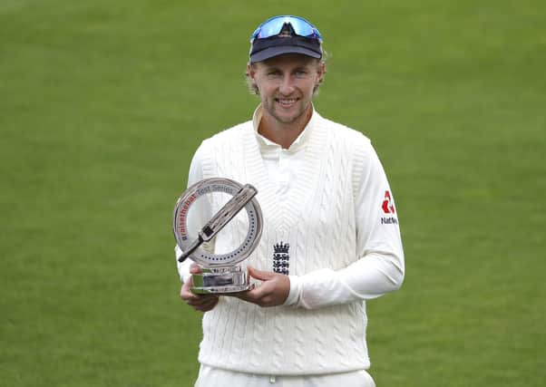 England's Test captain Joe Root with the #RaiseTheBet Test Series 2020 trophy after day five of the third Test match at the Ageas Bowl, Southampton earlier this year (Picture: PA)