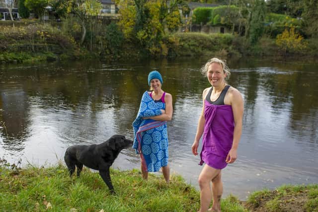 Sally de la Poer, right, and Nicky Sykes wild swimming in the River Wharfe in Ilkley. Picture: Tony Johnson.