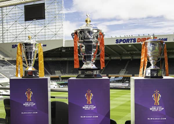 Rugby League World Cup 2021 Trophies, on show at St James's Park, Newcastle earlier this year (left to right): Wheelchair, Men's and Women's. Picture by Allan McKenzie/SWpix.com