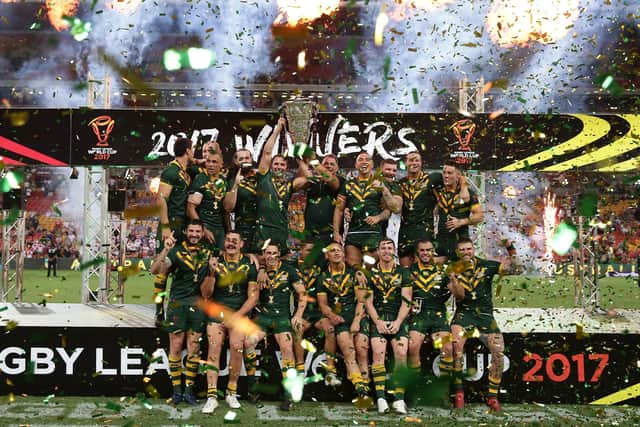 Australia celebrate with the World Cup trophy after beating England at Suncorp Stadium in December 2017. Picture: Matt King/Getty Images