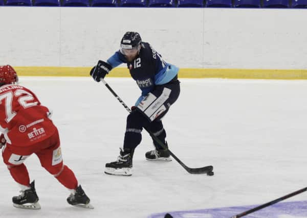 Ben O'Connor drops the puck during Sunday's 5-1 Streaming Series win for Sheffield Steeldogs against Swindon Wildcats. Picture: Cerys Molloy.