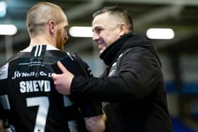 Hull FC's Marc Sneyd and coach Andy Last after their side's play-off victory over Warrington Wolves. (Allan McKenzie/SWpix.com)