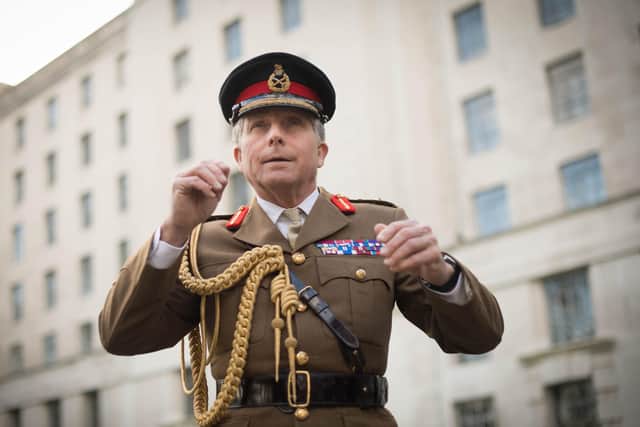 Chief of Defence Staff General Sir Nick Carter outside the MOD headquarters in Westminster, London, following the PM's announcement on defence spending. Photo: Stefan Rousseau/PA Wire