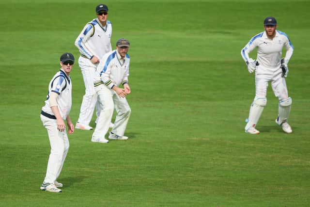 Full pay - Yorkshire's slip cordon look on, from left, Harry Brook, Tom Kohler-Cadmore, Adam Lyth and Jonny Bairstow. (Picture: SWPix.com)