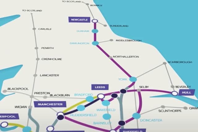 An initial route map showing how new lines would be constructed between Yorkshire cities