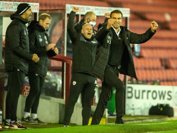 Barnsley FC head coach Valerien Ismael celebrates his side's opener against Nottingham Forest. Picture: Bruce Rollinson.