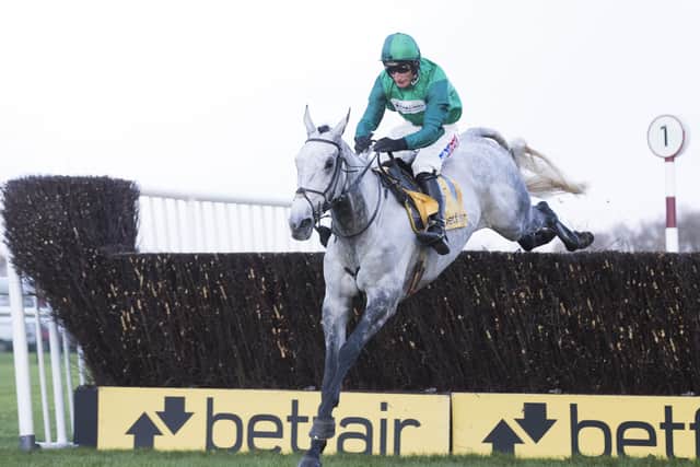 Bristol fashion: 
Bristol De Mai ridden by Daryl Jaob jumps the last fence to win the Betfair Chase in 2017 and is back for another tilt today. (Photo by Mark Robinson/Getty Images)