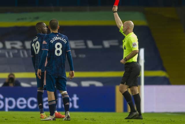 Gunners' Nicolas Pepe shown the red card. Picture: Tony Johnson