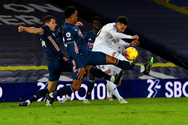 Leeds United's Rodrigo smashes the crossbar with a curling effort. (Picture: Tony Johnson)