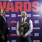 The Main Man: Man of Steel chairman and three-time winner Ellery Hanley with the Betfred Super League Man of Steel 2020, Castleford Tigers hooker Paul McShane.