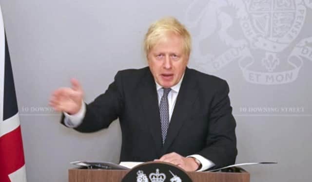 Boris Johnson during his video link address to Parliament over the lifting of the lockdown.