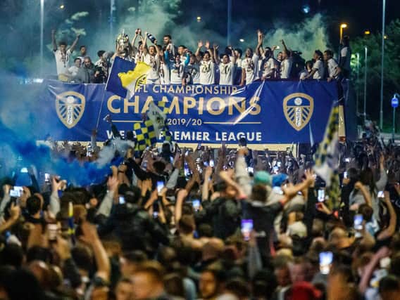 Library image of Leeds United fans celebrating promotion to the Premier League.