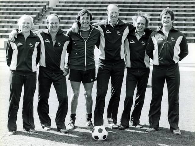 Sheffield Wednesday in August 1981. From left: Frank Blunstone, Maurice Setters, Gordon Banks, Jack Charlton, John Honey and Tony Tomms