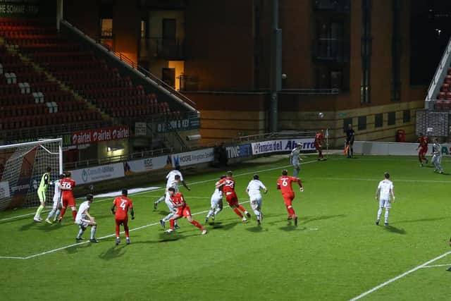 INCOMING: Bradford City defend a corner at The Breyer Group Stadium on Tuesday night. Picture: Jacques Feeney/Getty Images