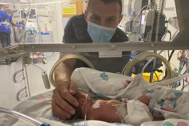 Archie Burns with dad Chris. Archie was born ten weeks prematurely and needed a life saving incubator at Leeds Children's Hospital