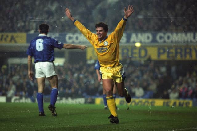 FONDLY REMEMBERED: Gary Speed celebrates scoring for Leeds United against Everton in the League Cup in December 1991 - both clus will remember the Wales midfielder, who also played for the Toffees.