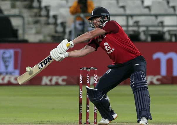 England batsman Jonny Bairstow stretches for a shot during a T20 cricket match between South Africa and England in Cape Town South Africa. (AP Photo/Halden Krog)