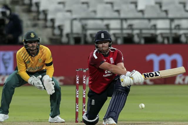 England batsman Jonny Bairstow reverse sweeps the ball during a T20 cricket match between South Africa and England in Cape Town South Africa. (AP Photo/Halden Krog)
