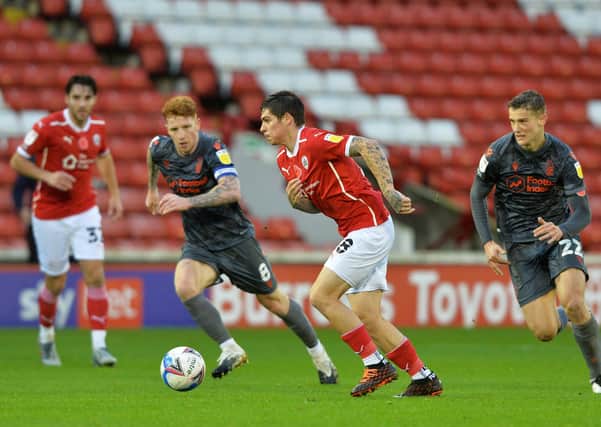 Dominik Frieser on the attack for 
Barnsley FC against Nottingham Forest in front of the empty stands (Picture: Bruce Rollinson)