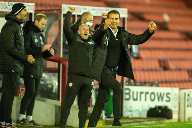 Barnsley boss Valerien Ismael celebrates his side's recent 2-0 win over Nottingham Forest at Oakwell.  Picture: Bruce Rollinson.