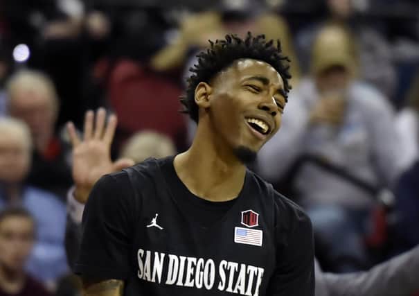 New Sheffield Sharks signing Jeremy Hemsley #42 of the San Diego State Aztecs reacts after a call during the championship game of the Mountain West Conference basketball tournament against the Utah State Aggies at the Thomas & Mack Center on March 16, 2019 in Las Vegas, Nevada.  (Picture: David Becker/Getty Images)