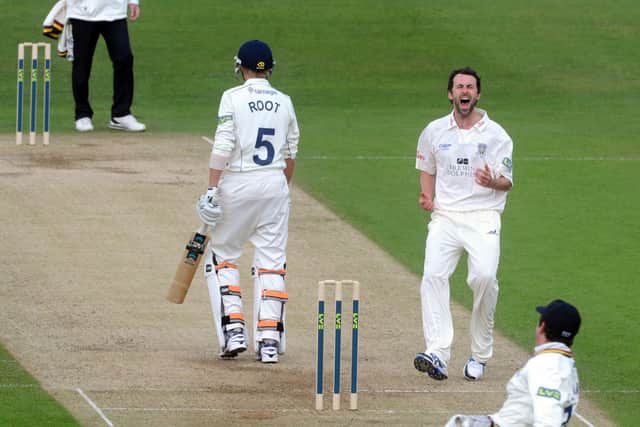 Durham's Graham Onions took 69 wickets in all against Yorkshire, including this one of Joe Root's in April 2011. Picture: Tony Johnson.