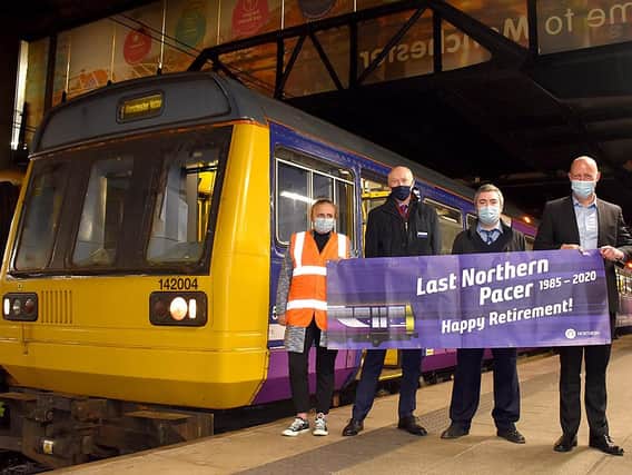 Retiring Pacer at Manchester Victoria: Pictured from left: Becky Styles, Northern's community and sustainability manager, Nick Donovan, managing director, Jason Ward, driver and Chris Jackson, regional director.