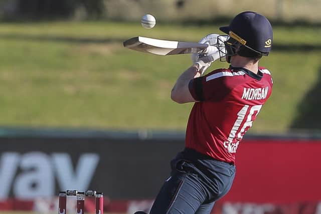 Close quarters: England batsman Eoin Morgan flashes at the ball. (AP Photo/Halden Krog)