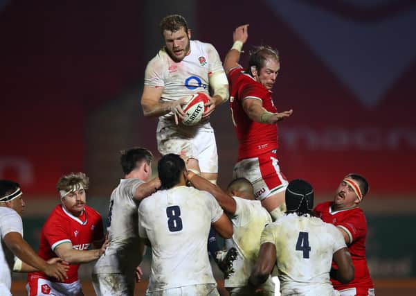 On top: Joe Launchbury of England wins a lineout ahead of Alun Wyn Jones during the Autumn Nations Cup win. (Photo by Michael Steele/Getty Images)