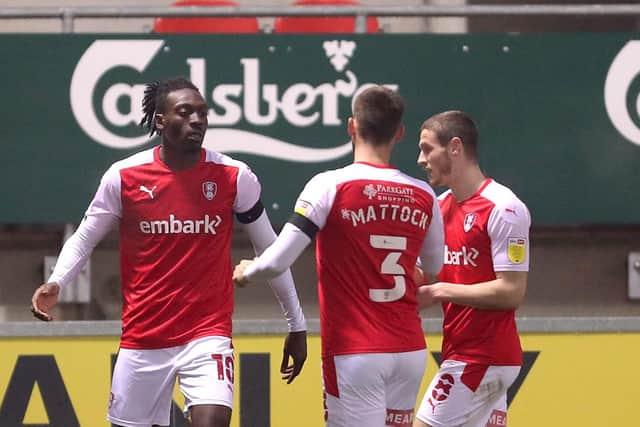 Rotherham United's Freddie Ladapo (left) celebrates scoring against Bournemouth at the AESSEAL New York Stadium on Saturday, the Millers drawing 2-2. Picture: Richard Sellers/PA