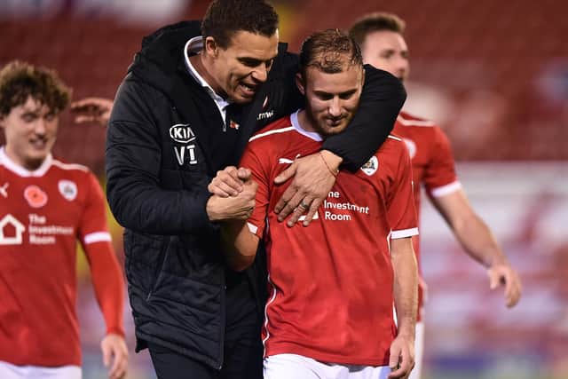 Baarnsley boss Valerien Ismael celebrates with Herbie Kane after win over Nottingham Forest at Oakwell last month. Picture: Nathan Stirk/Getty Images.